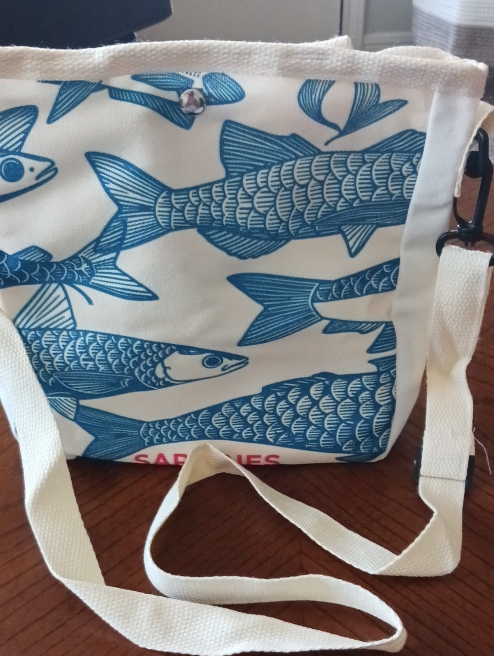 Canvas Fish Print Crossbody Tote in Blue and Cream